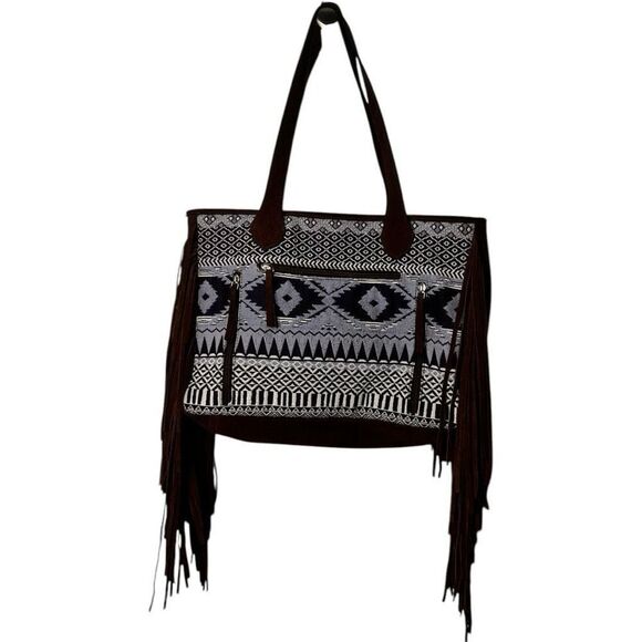 Ariat Madison Woven Concealed Carry Blue Brown Tote Bag Aztec Suede Fringe Large - Picture 6 of 10